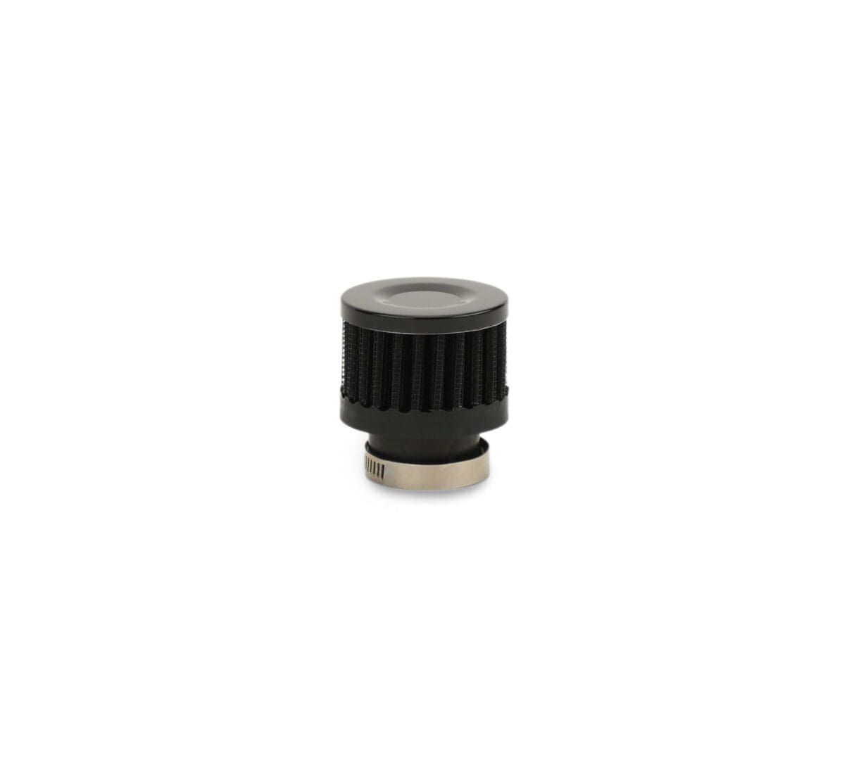 A black plastic knob with a metal thread.