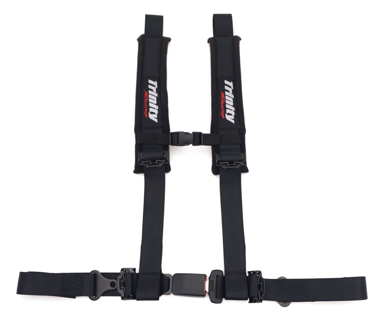 A pair of black straps with red lettering on them.