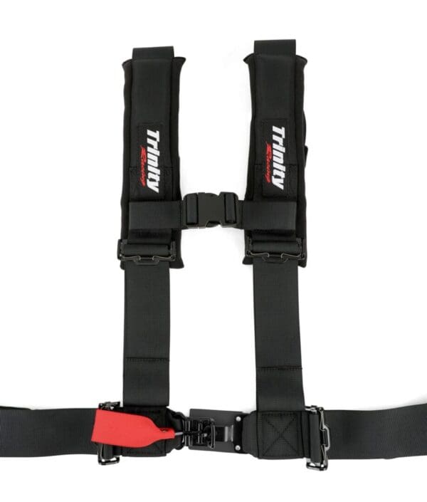 A black harness with red and white accents.