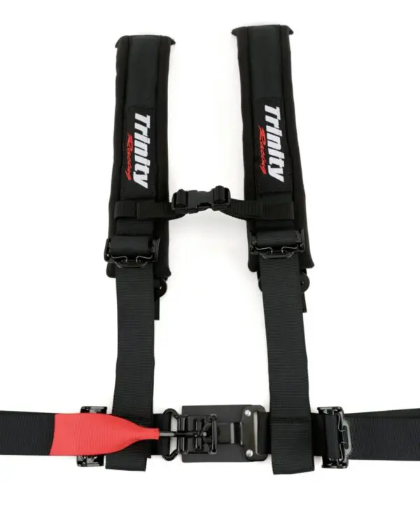 A black and red harness is attached to the back of a vehicle.