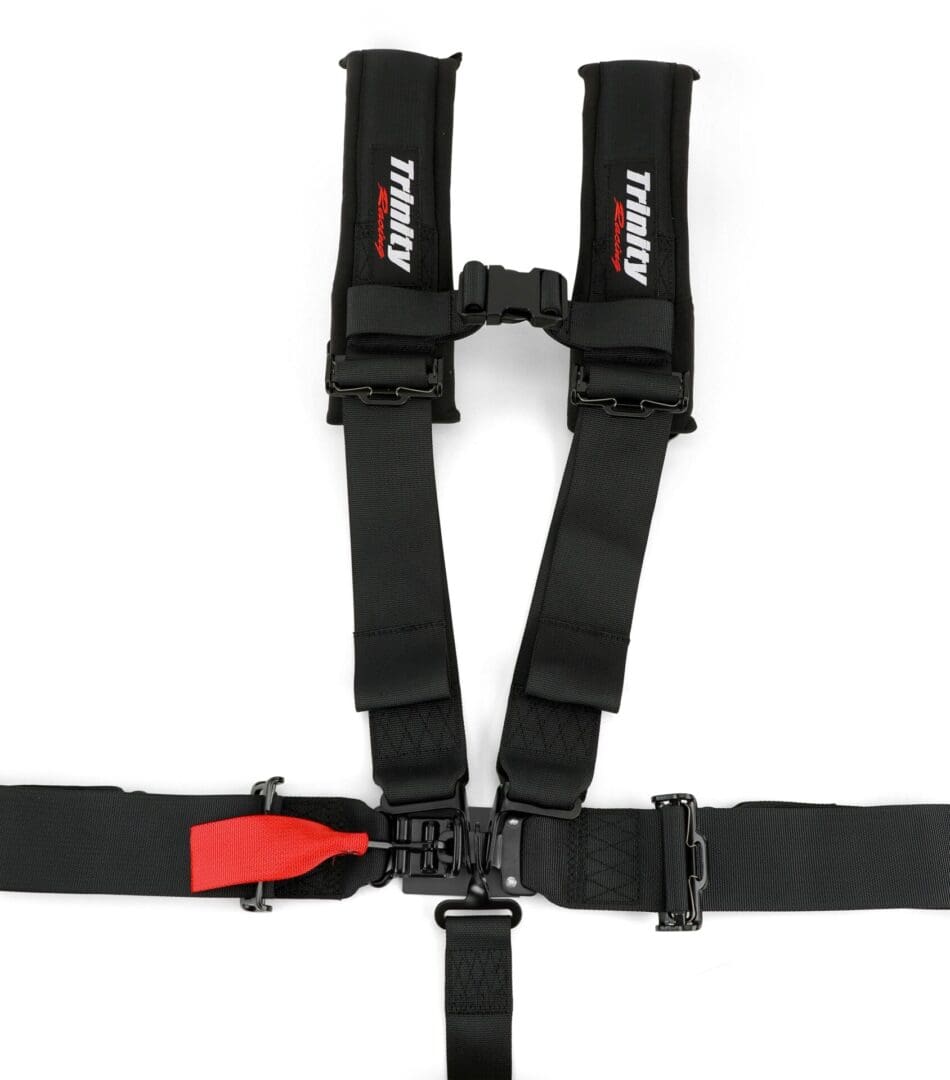 A black harness with red and white tag on it.