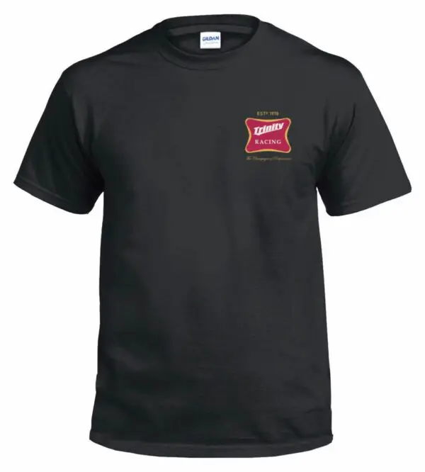 A black t-shirt with a red and white logo.