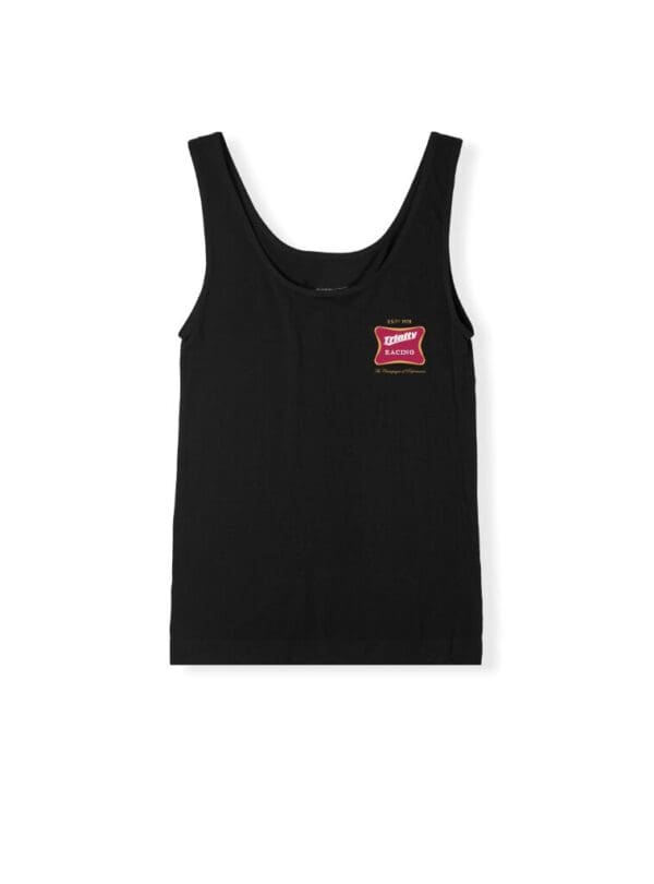 A black tank top with a red patch on the chest.