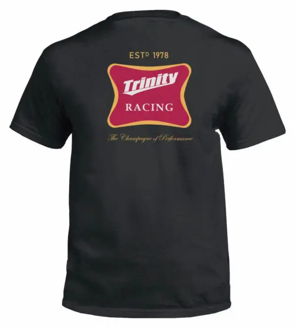 A black t-shirt with the name of trinity racing on it.