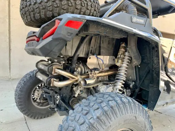 A close up of the rear end of an atv.