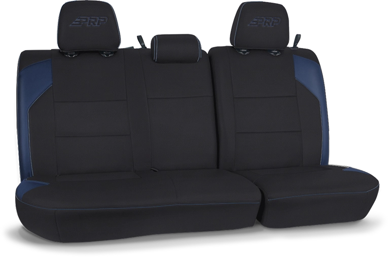 A car seat that is black and has blue accents.