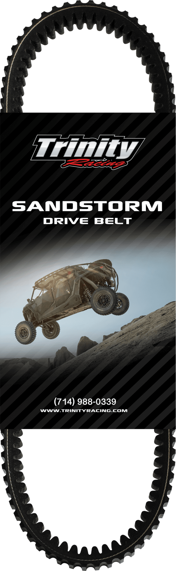 A sand storm vehicle flying through the air.