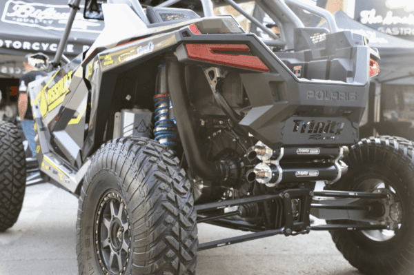 A close up of the rear end of an atv.