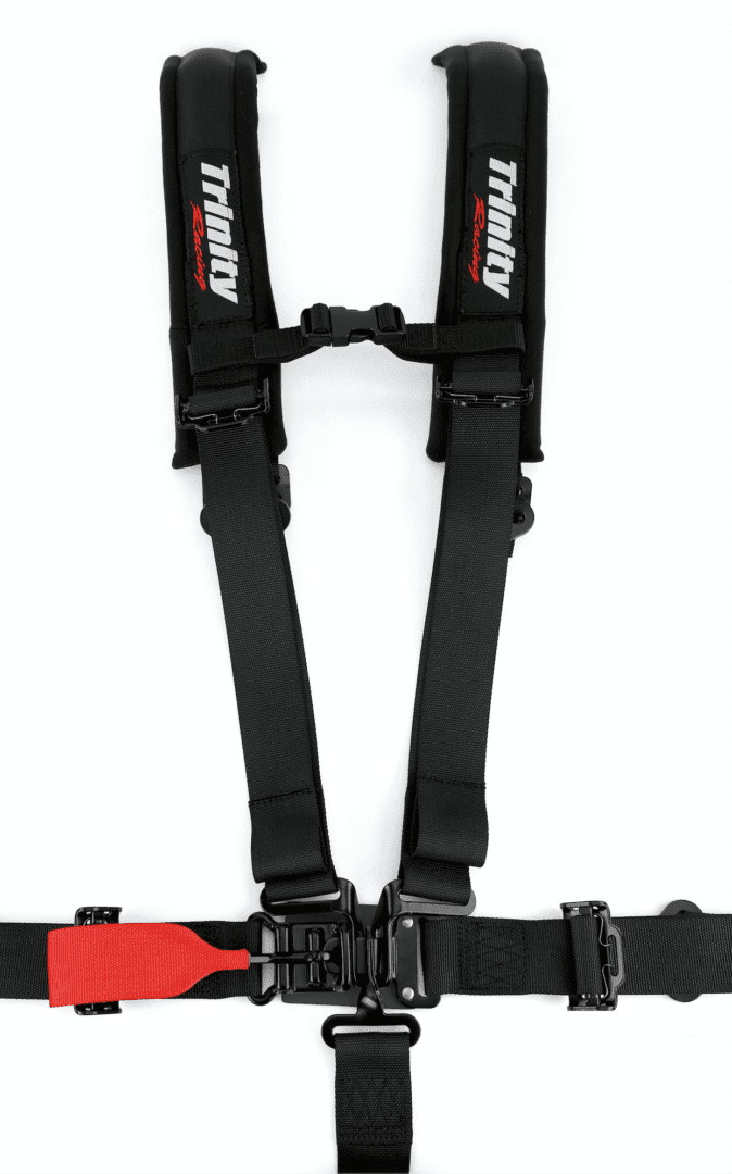 A black harness with red and white accents.