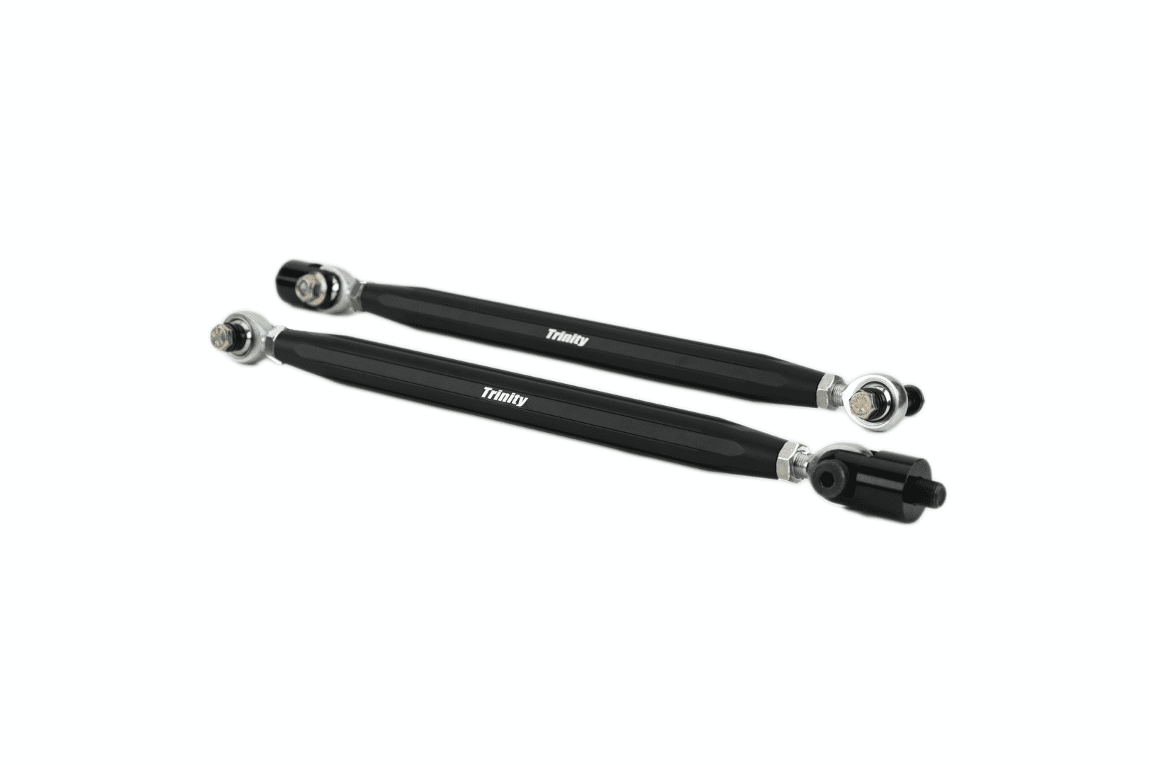 A pair of black steering arms with chrome ends.