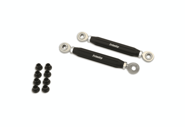 A pair of black and silver handles with a set of black rivets.