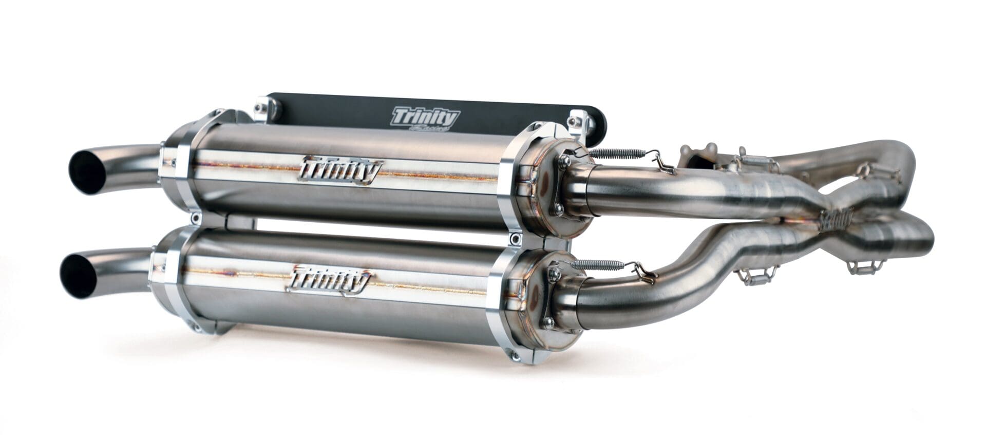 A pair of exhaust pipes with the word trinity on them.