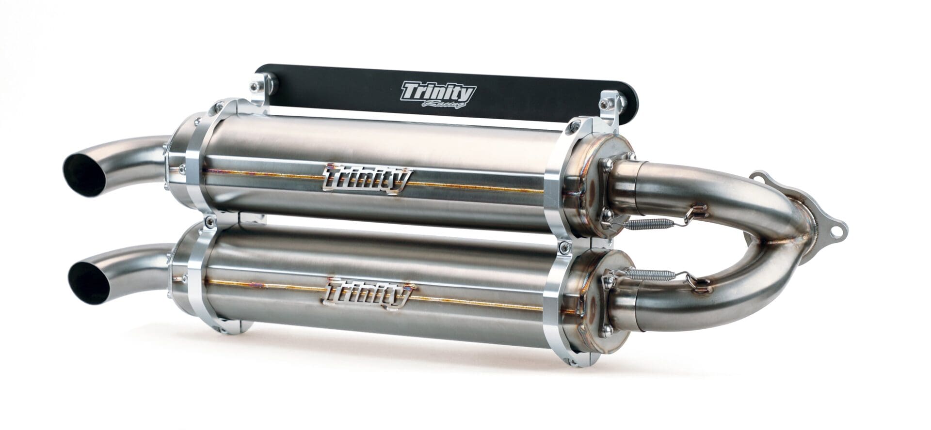 A pair of chrome motorcycle exhaust pipes with black handle.