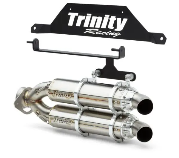 A trinity racing exhaust system with two stainless steel pipes.