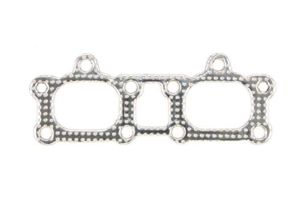 A silver metal gasket with two holes.