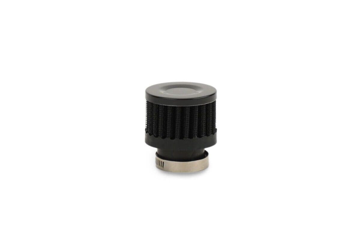 A black plastic knob with a metal thread.